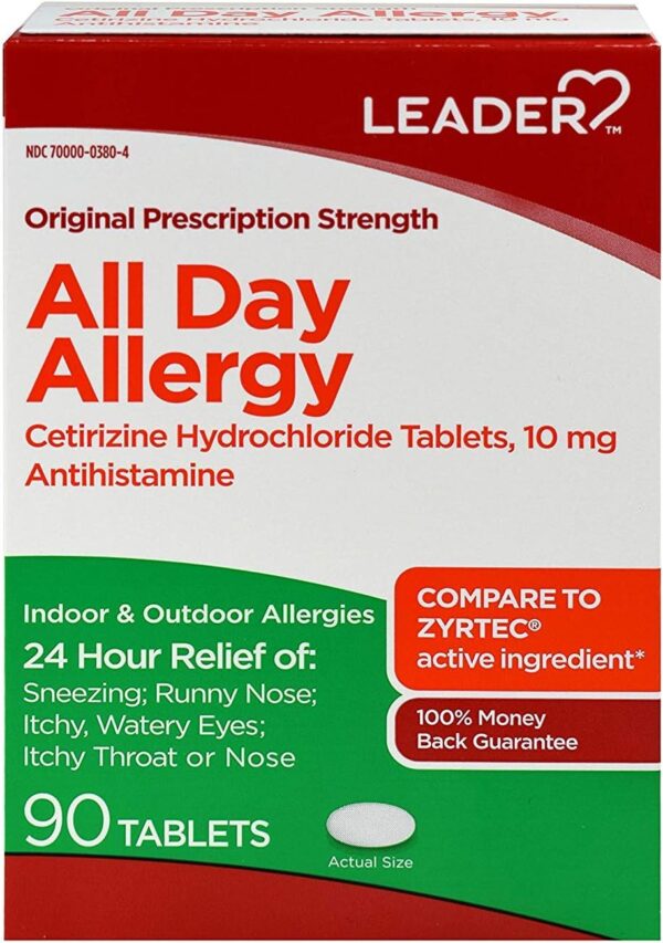Leader 24 Hour Allergy Relief, Loratadine 10mg Tablets, Non-Drowsy, Antihistamine, Indoor and Outdoor, Counteract Allergy (Zyrtec, 90)