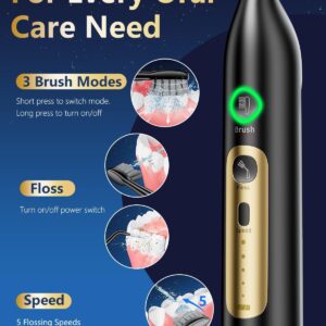 Electric Toothbrush with Water Flosser Combo, Cordless & Portable flossing Toothbrush for Travel, Sonic Electric Toothbrush for Adults for Teeth Cleaning, 3 Brush Modes & 5 Floss Speed & 4 Tips