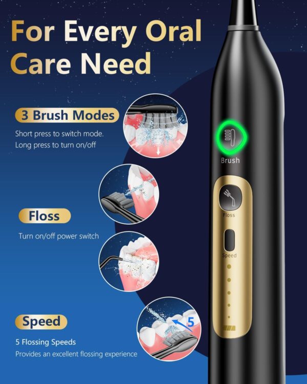 Electric Toothbrush with Water Flosser Combo, Cordless & Portable flossing Toothbrush for Travel, Sonic Electric Toothbrush for Adults for Teeth Cleaning, 3 Brush Modes & 5 Floss Speed & 4 Tips